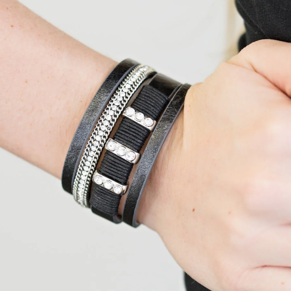 NEW Rhinestone & Metallic Black Leather Urban Bracelet
